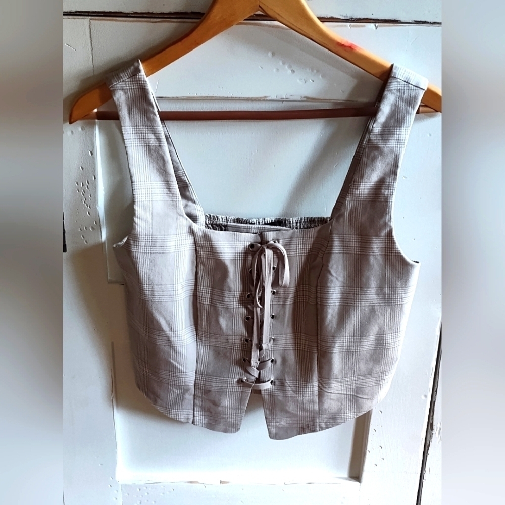 Forever 21 Women's Beige Tan Plaid Lace-Up Corset Vest Crop Top | Medium